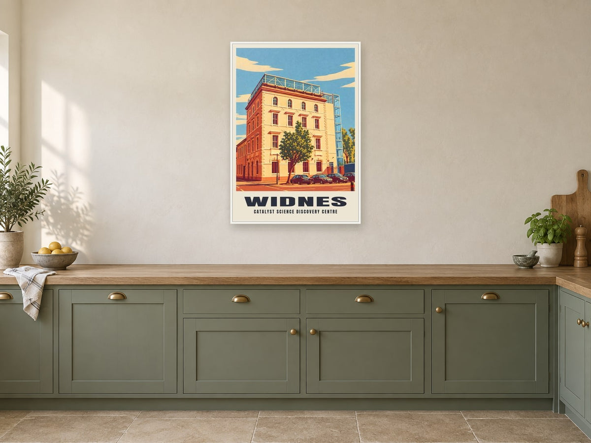 Catalyst Science Discovery Centre, Widnes Poster at A1, in a white frame, in a kitchen