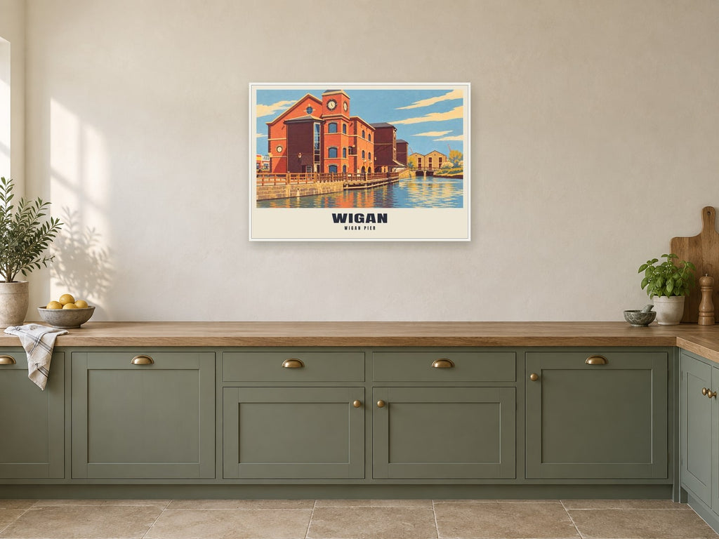 Wigan Pier Poster at A1, in a white frame, in a kitchen
