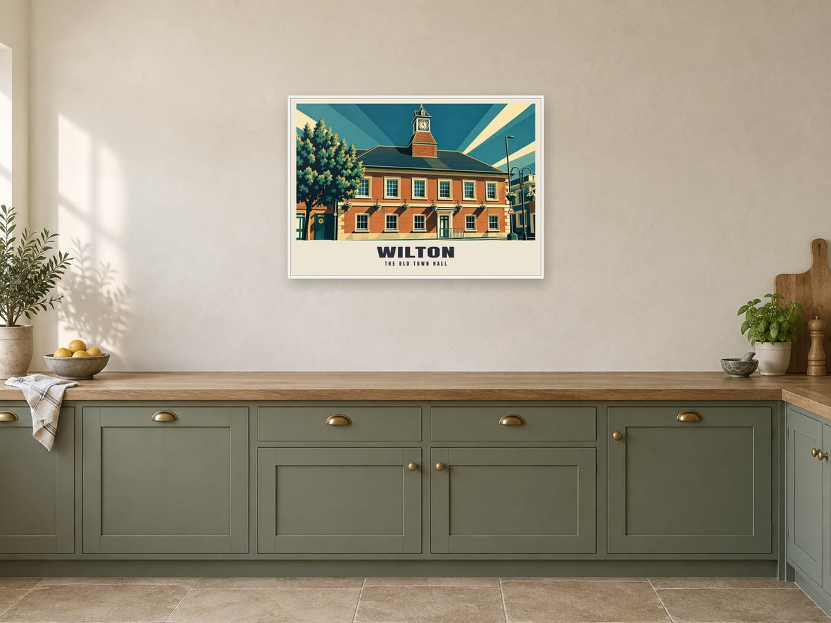 The Old Town Hall, Wilton Poster at A1, in a white frame, in a kitchen