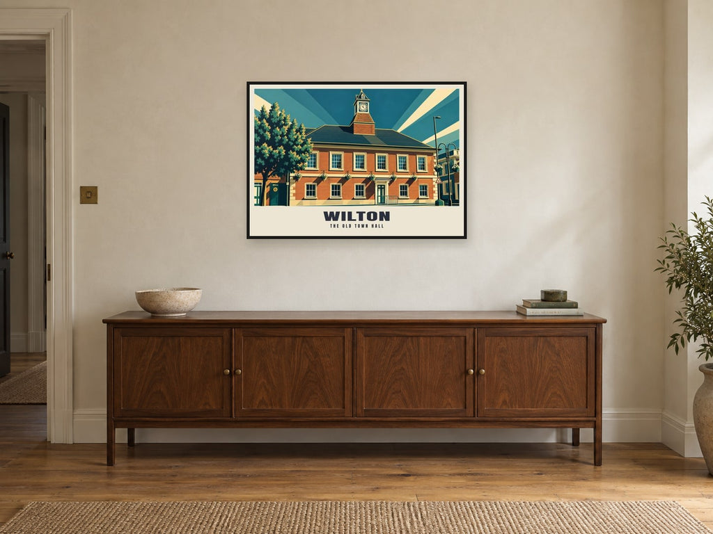 The Old Town Hall, Wilton Poster at A1, in a black frame, above a sideboard