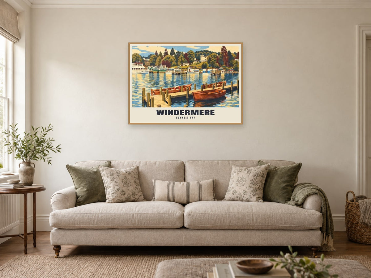 Bowness Bay, Windermere Poster at A1, in a natural wood frame, in a sitting room