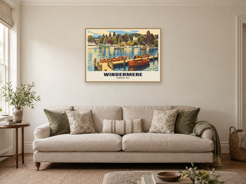 Bowness Bay, Windermere Poster at A1, in a natural wood frame, in a sitting room
