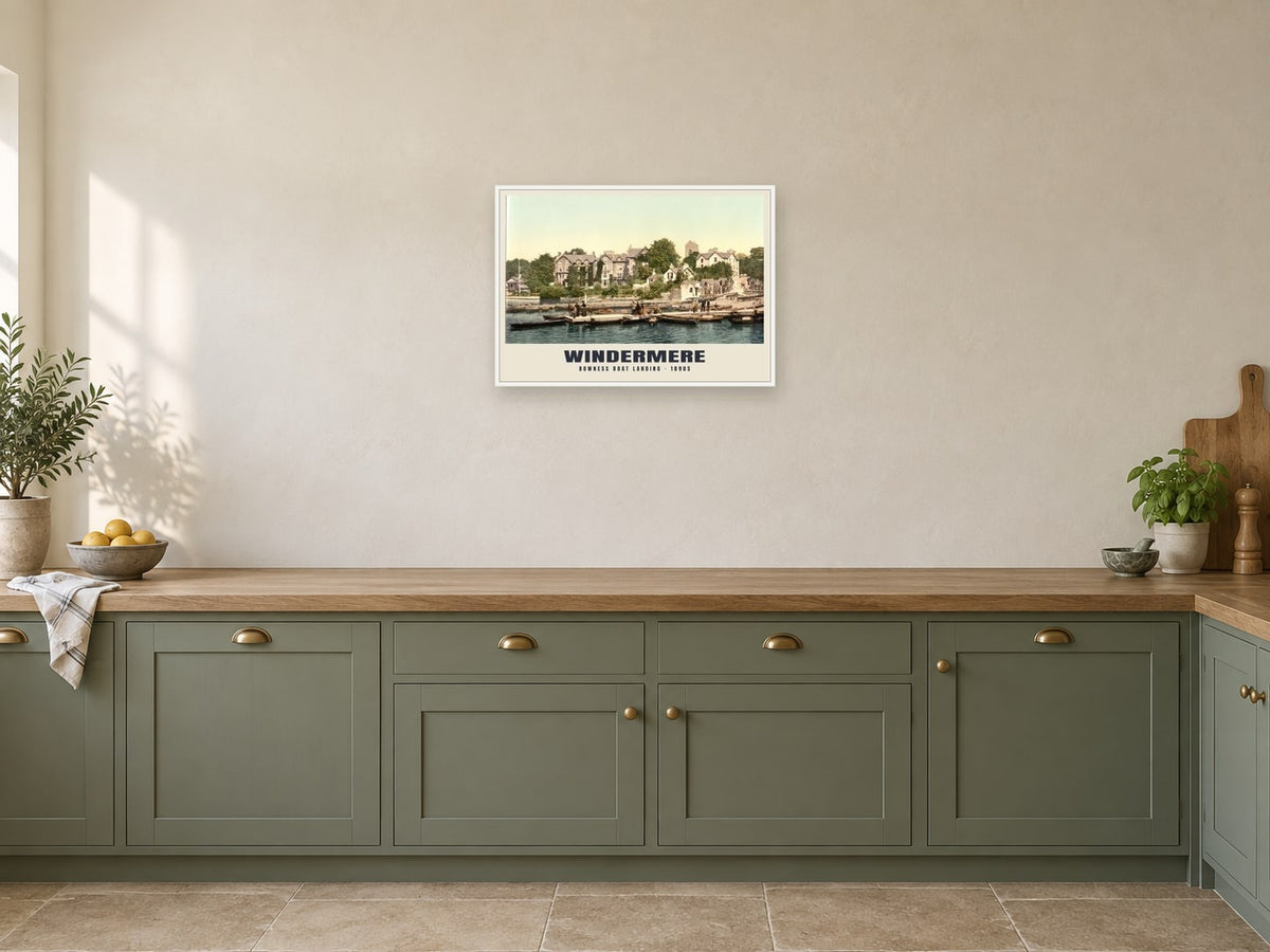 Bowness Boat Landing, Windermere, 1890s Heritage Print at A2, in a white frame, in a kitchen