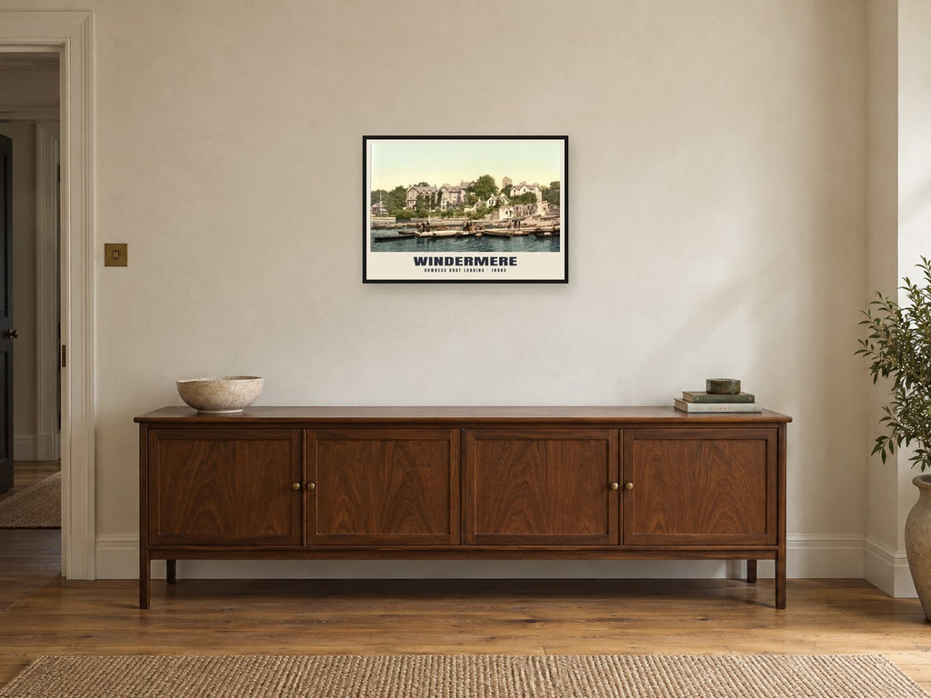 Bowness Boat Landing, Windermere, 1890s Heritage Print at A2, in a black frame, above a sideboard