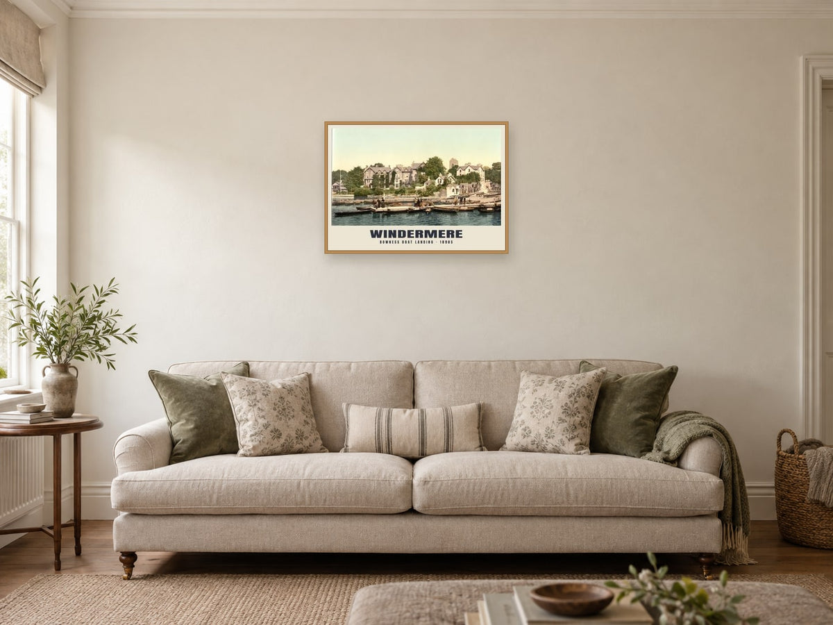 Bowness Boat Landing, Windermere, 1890s Heritage Print at A2, in a natural wood frame, in a sitting room