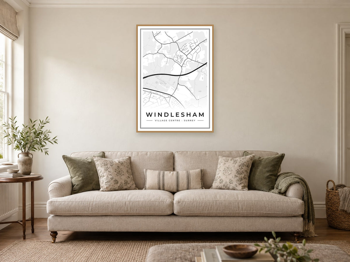 Windlesham Village Centre Street Map Poster at A1, in a natural wood frame, in a sitting room