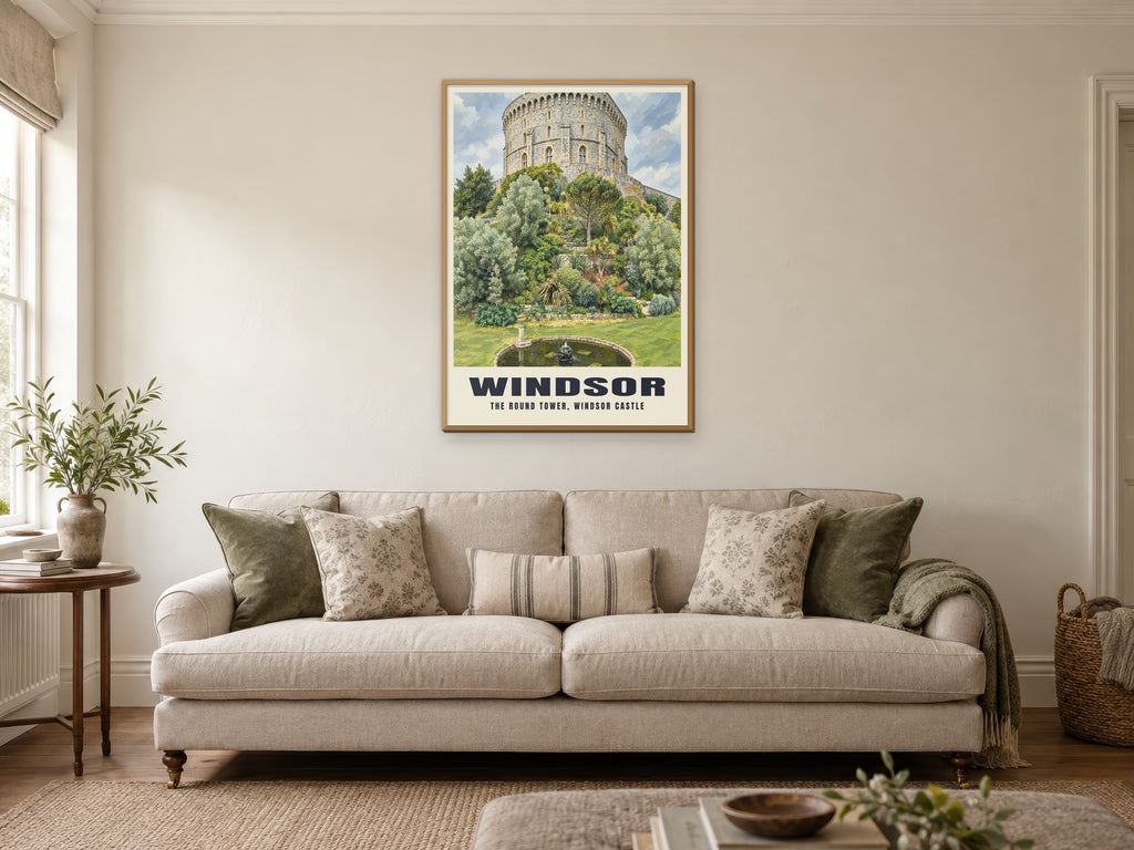 The Round Tower, Windsor Castle Poster at A1, in a natural wood frame, in a sitting room