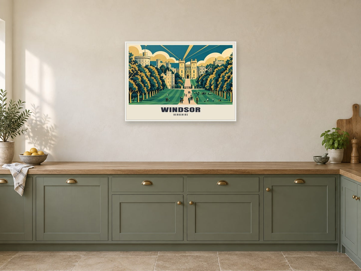 Windsor Castle from the Long Walk Poster at A1, in a white frame, in a kitchen
