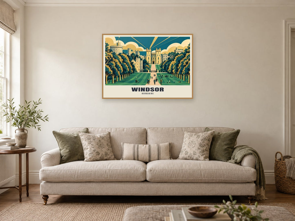 Windsor Castle from the Long Walk Poster at A1, in a natural wood frame, in a sitting room