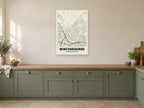 Winterbourne Street Map Poster at A1, in a white frame, in a kitchen