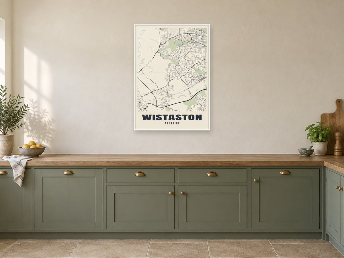 Wistaston Street Map Poster at A1, in a white frame, in a kitchen