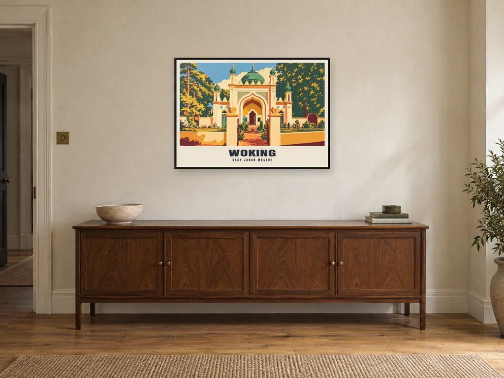 Shah Jahan Mosque, Woking Poster at A1, in a black frame, above a sideboard
