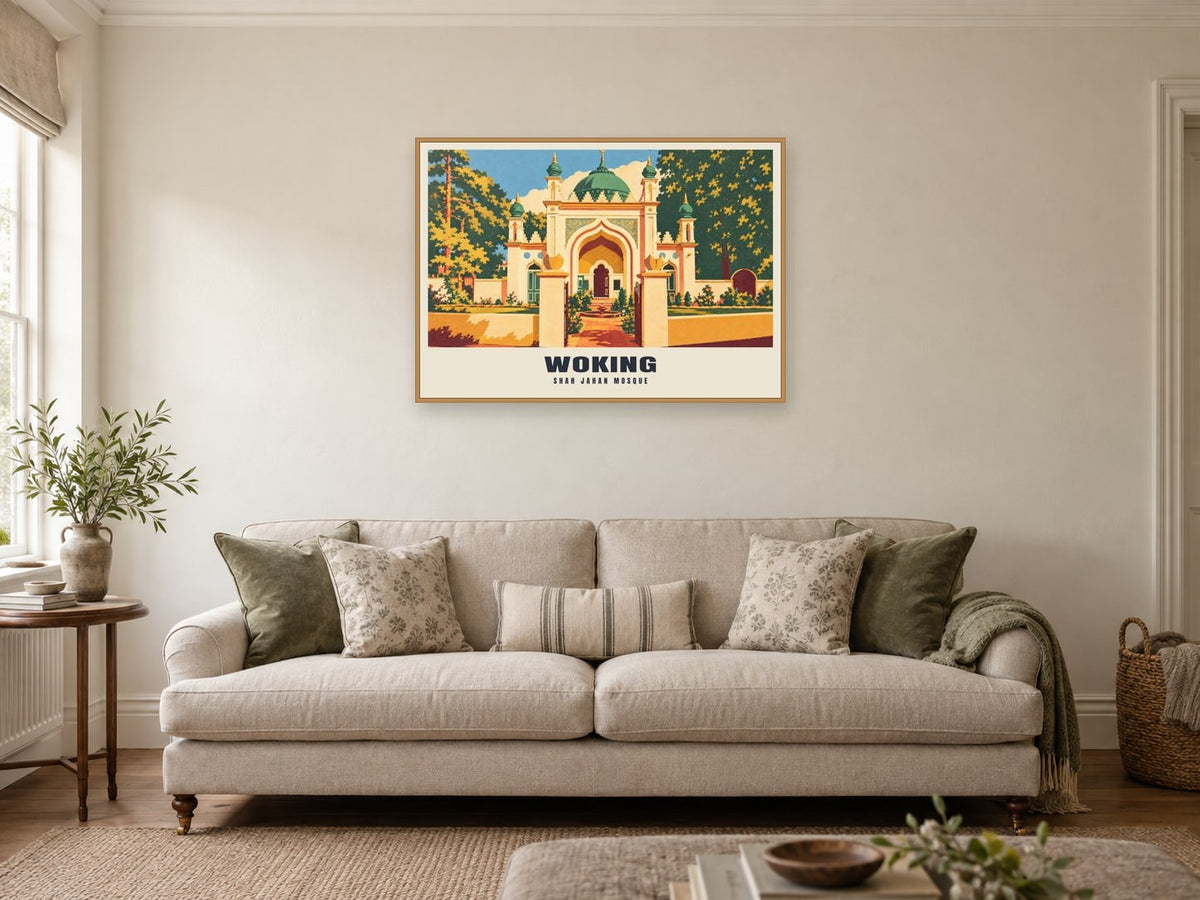 Shah Jahan Mosque, Woking Poster at A1, in a natural wood frame, in a sitting room