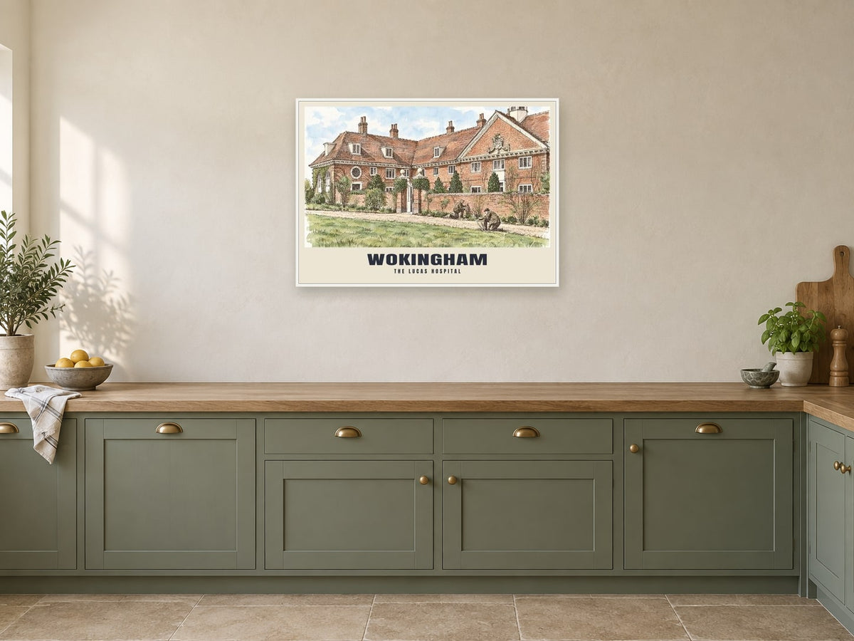 The Lucas Hospital, Wokingham Poster at A1, in a white frame, in a kitchen