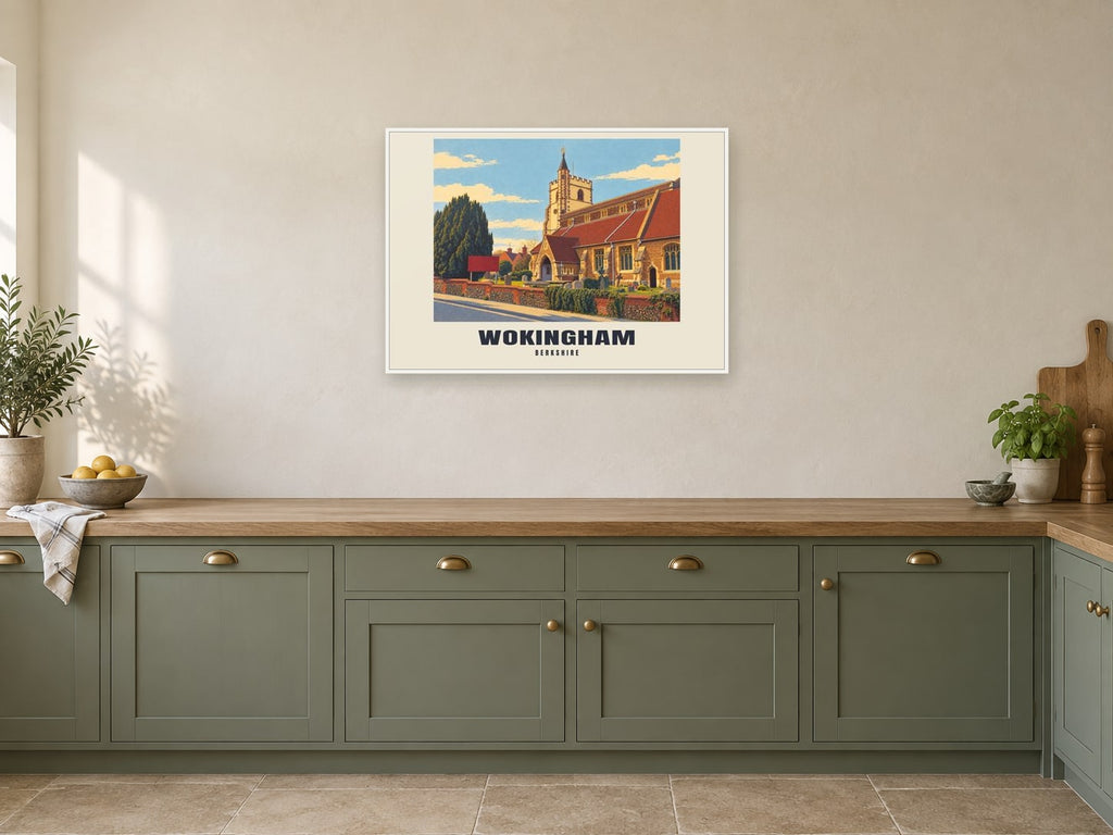 Wokingham Poster — All Saints' Church at A1, in a white frame, in a kitchen
