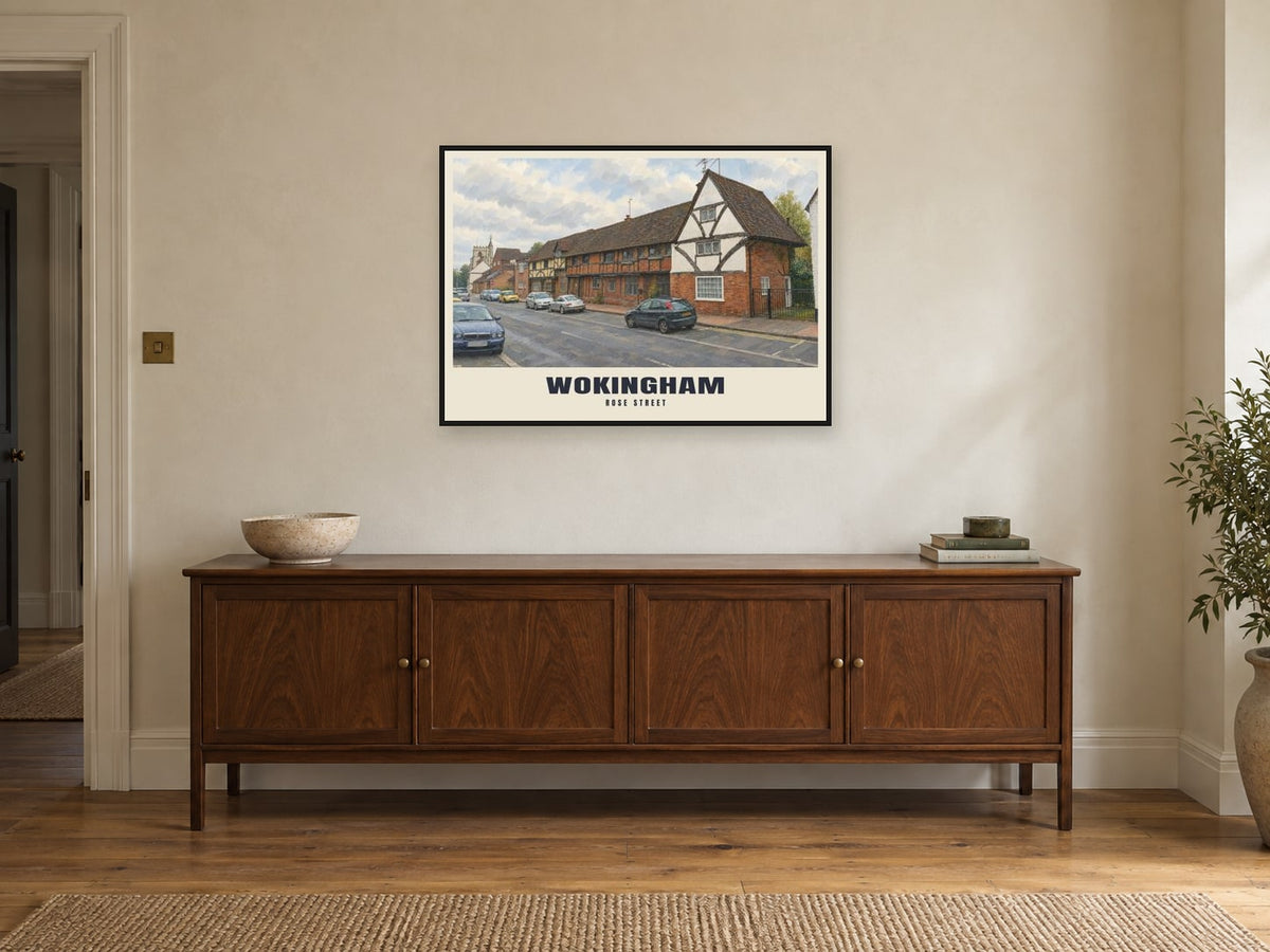 Rose Street, Wokingham Poster at A1, in a black frame, above a sideboard