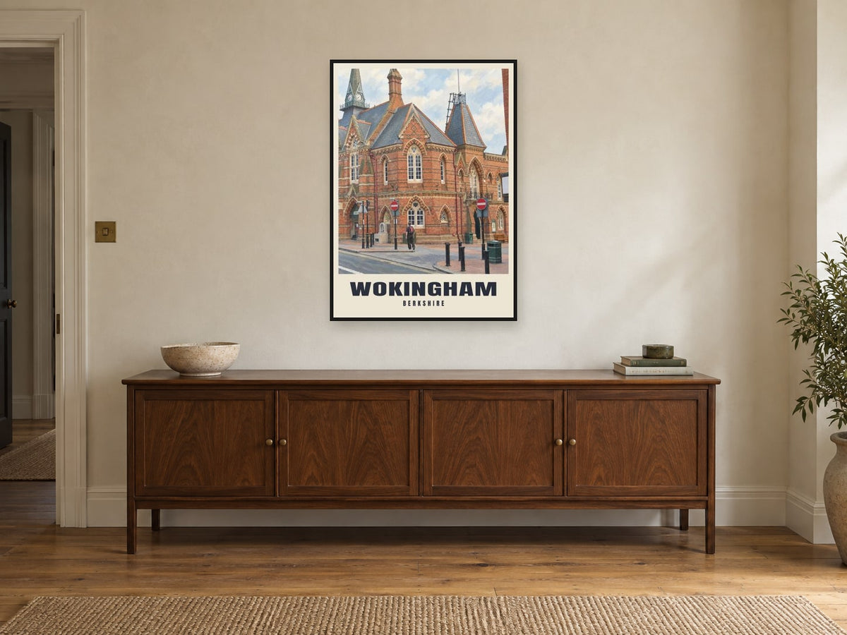 Wokingham Town Hall Poster at A1, in a black frame, above a sideboard