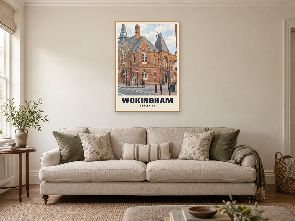 Wokingham Town Hall Poster at A1, in a natural wood frame, in a sitting room