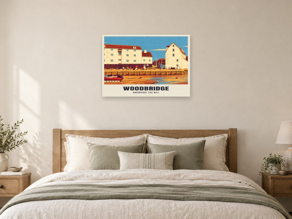 Woodbridge Tide Mill Poster at A1, as a poster, above a bed