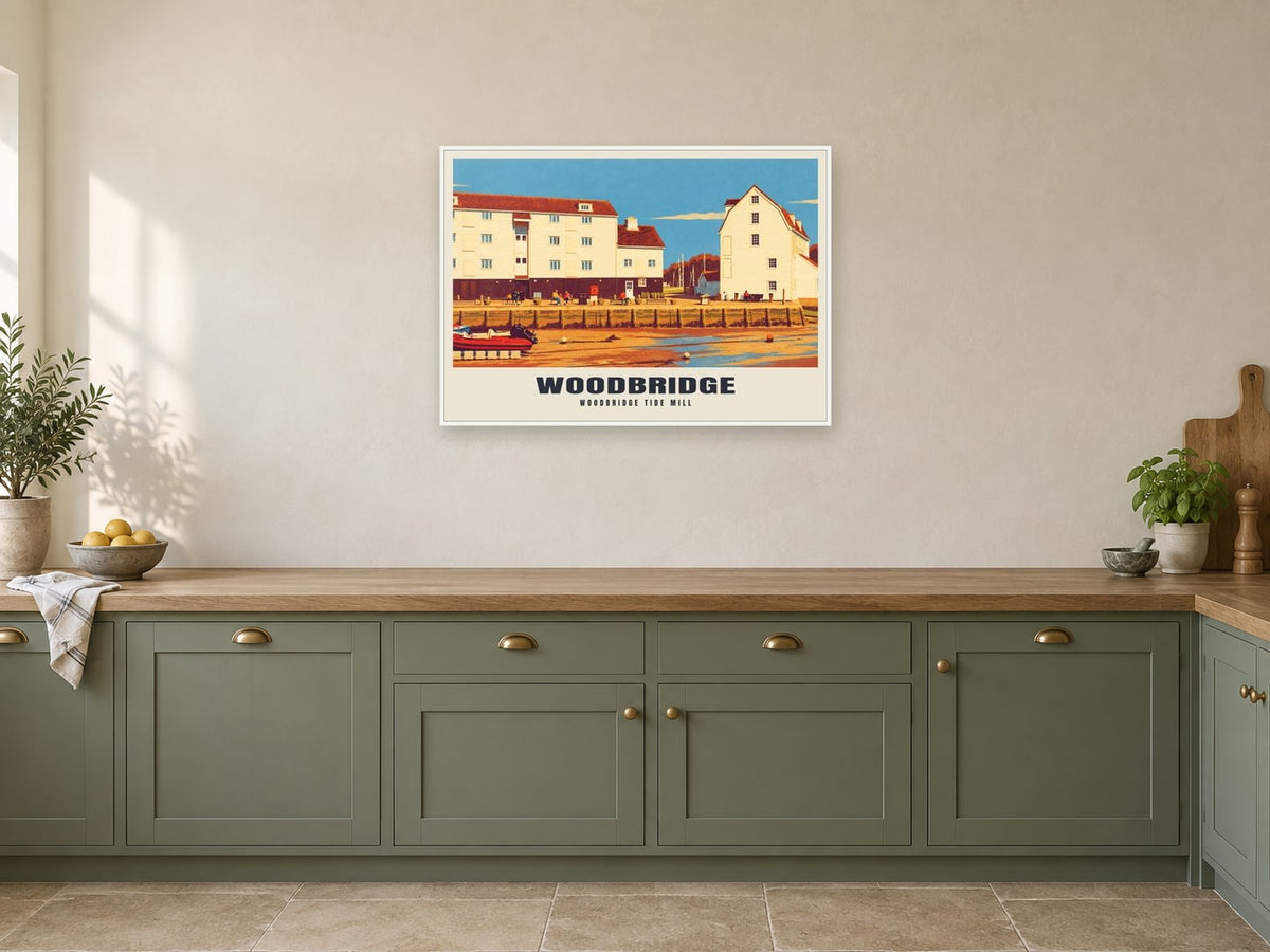 Woodbridge Tide Mill Poster at A1, in a white frame, in a kitchen