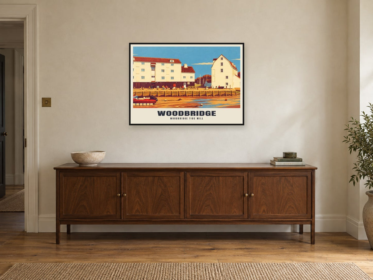 Woodbridge Tide Mill Poster at A1, in a black frame, above a sideboard
