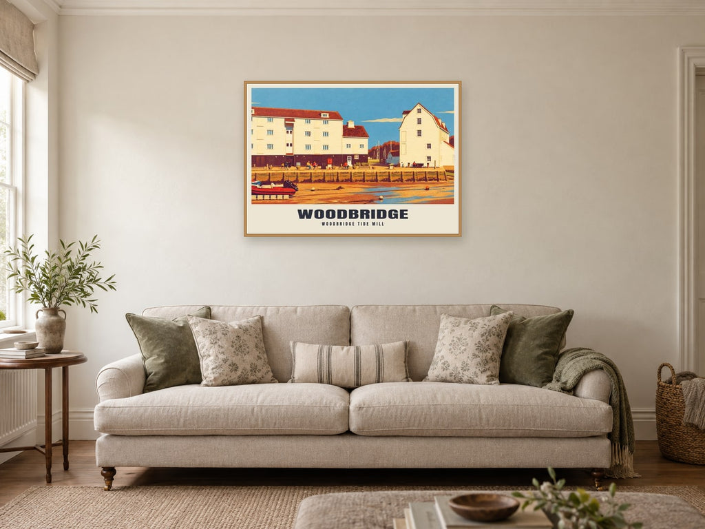 Woodbridge Tide Mill Poster at A1, in a natural wood frame, in a sitting room