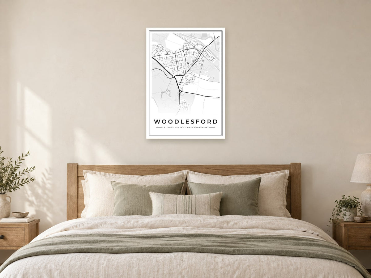 Woodlesford Village Centre Street Map Poster at A1, as a poster, above a bed