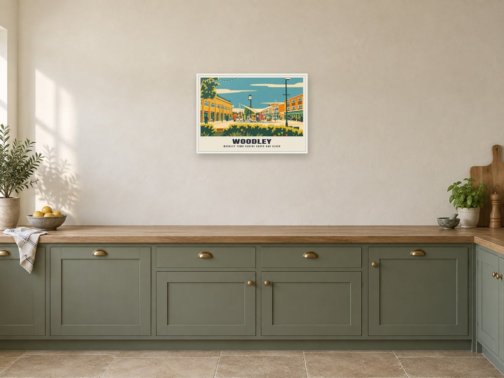 Woodley town centre shops and clock Mid-Century Poster at A2, in a white frame, in a kitchen