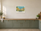 Woodley town centre shops and clock Mid-Century Poster at A2, in a white frame, in a kitchen