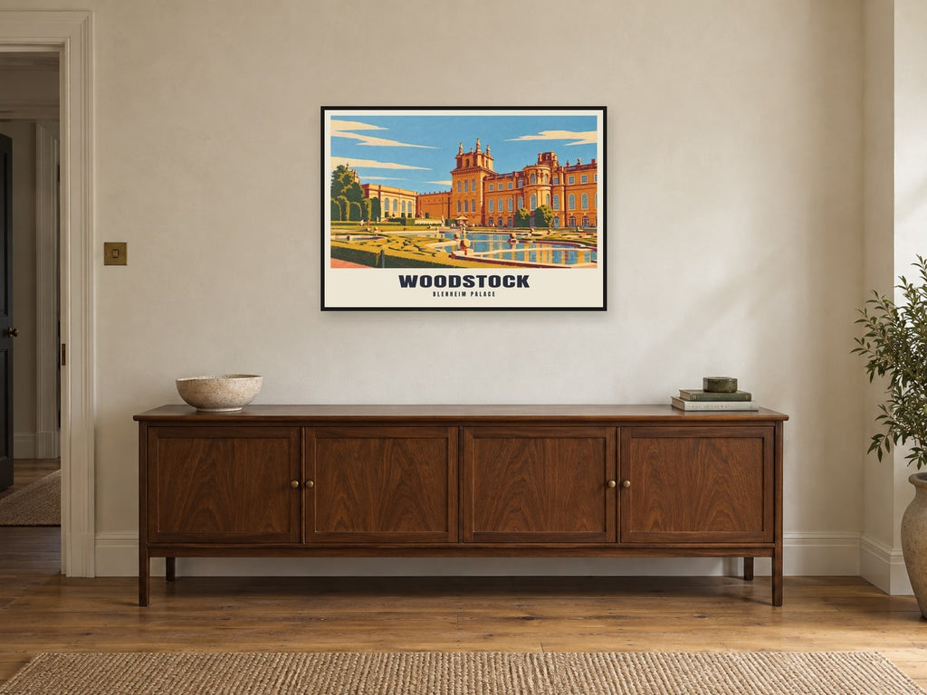 Blenheim Palace, Woodstock Poster at A1, in a black frame, above a sideboard