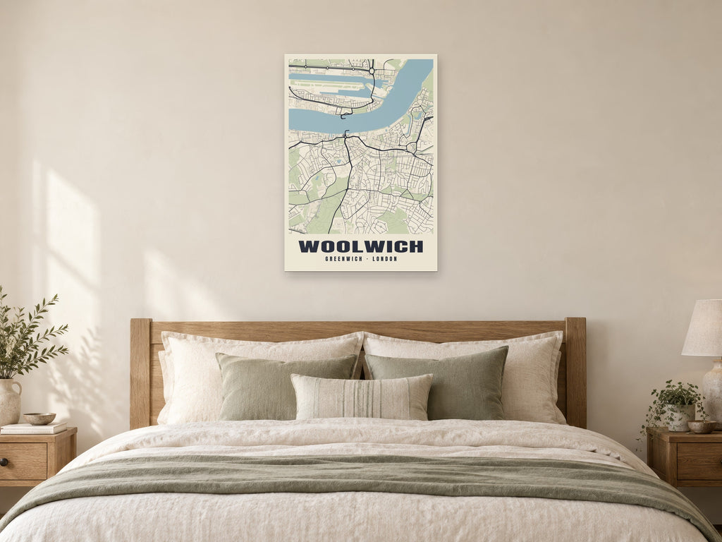 Woolwich Heritage Street Map Poster at A1, as a poster, above a bed