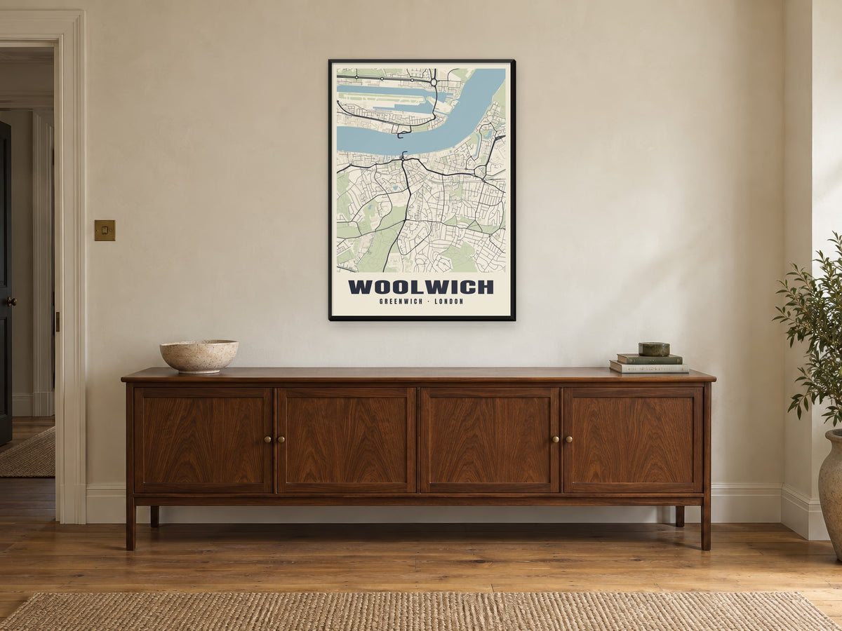 Woolwich Heritage Street Map Poster at A1, in a black frame, above a sideboard