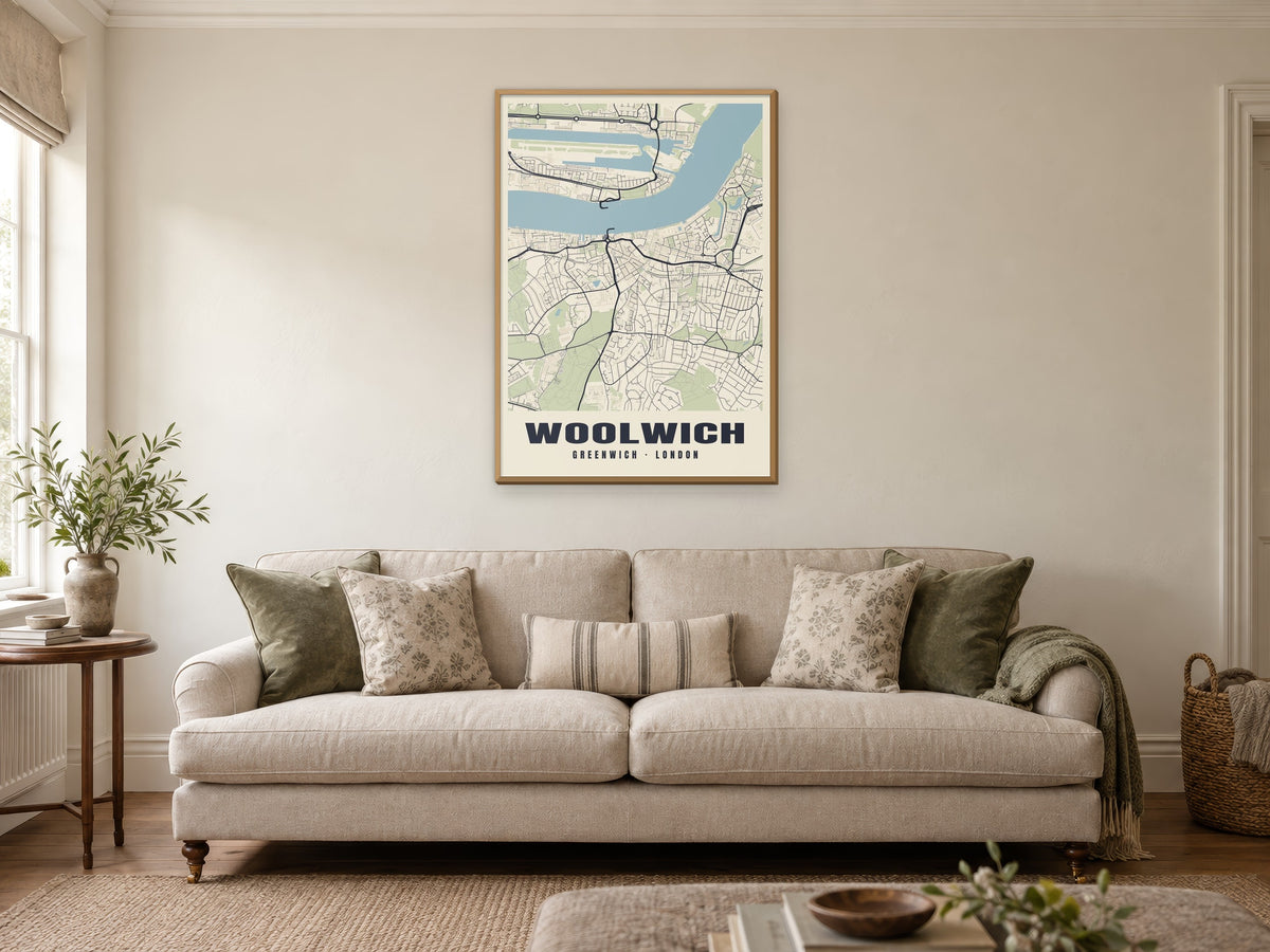 Woolwich Heritage Street Map Poster at A1, in a natural wood frame, in a sitting room