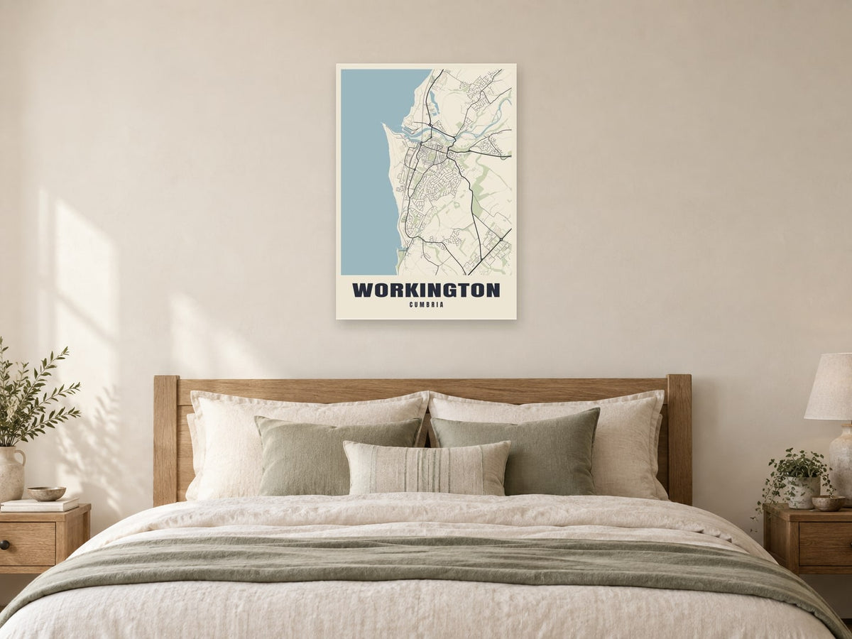 Workington Street Map Poster at A1, as a poster, above a bed