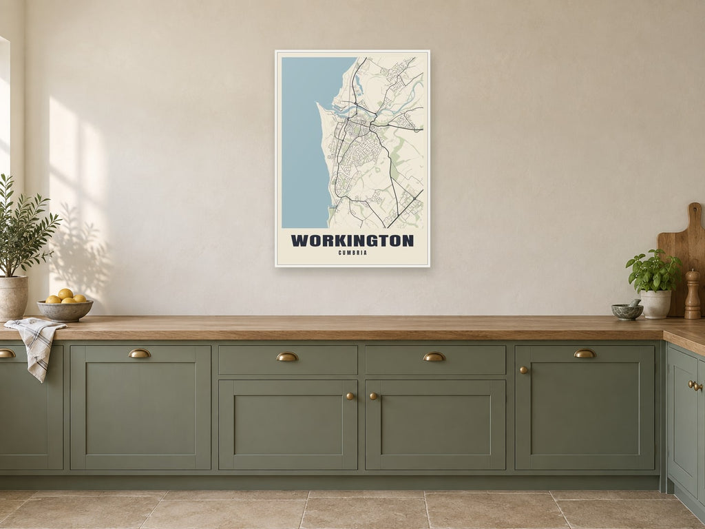 Workington Street Map Poster at A1, in a white frame, in a kitchen
