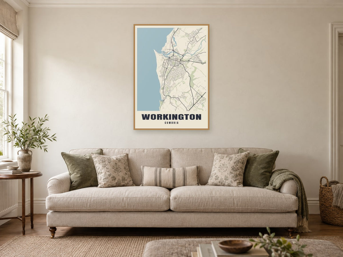 Workington Street Map Poster at A1, in a natural wood frame, in a sitting room