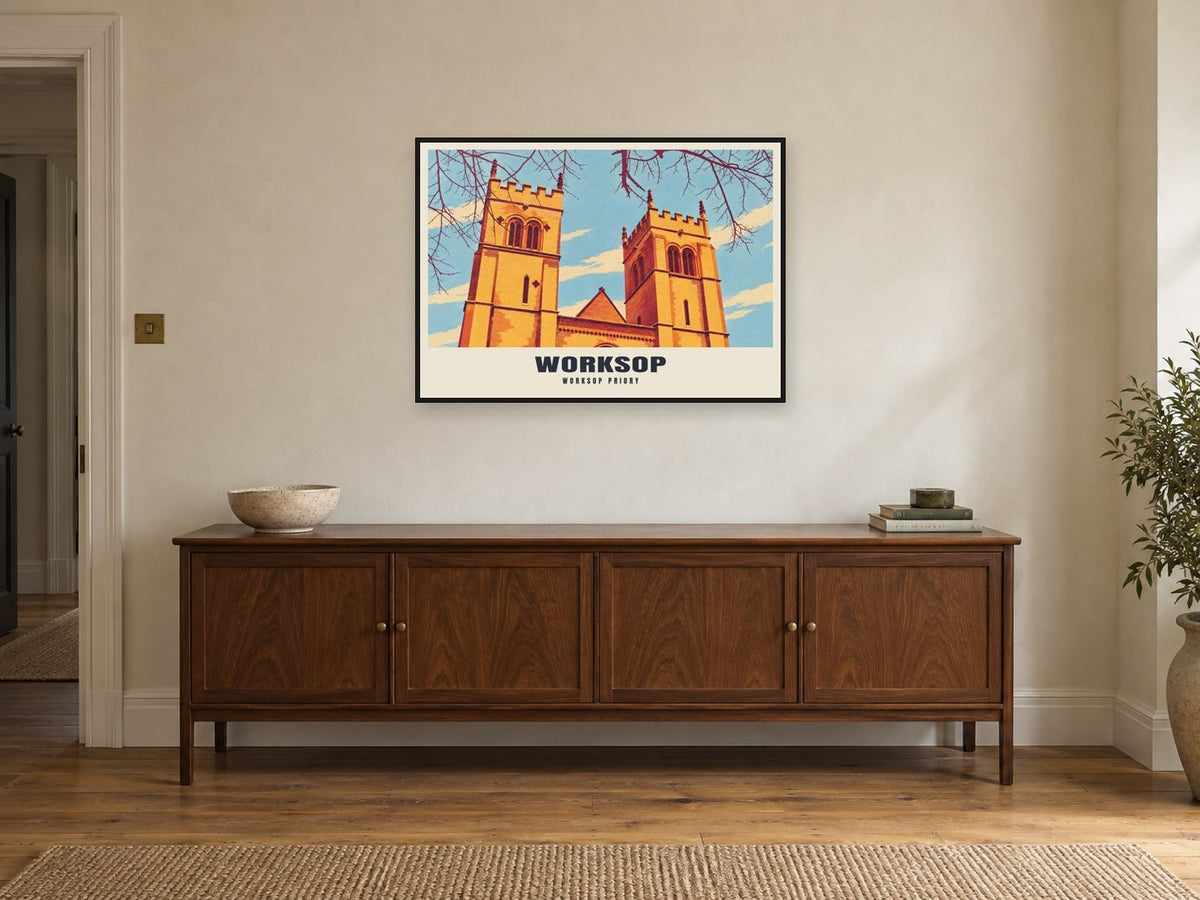 Worksop Priory Poster at A1, in a black frame, above a sideboard