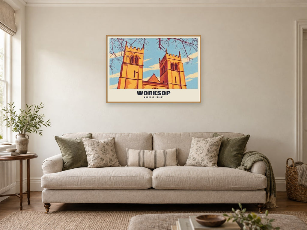 Worksop Priory Poster at A1, in a natural wood frame, in a sitting room