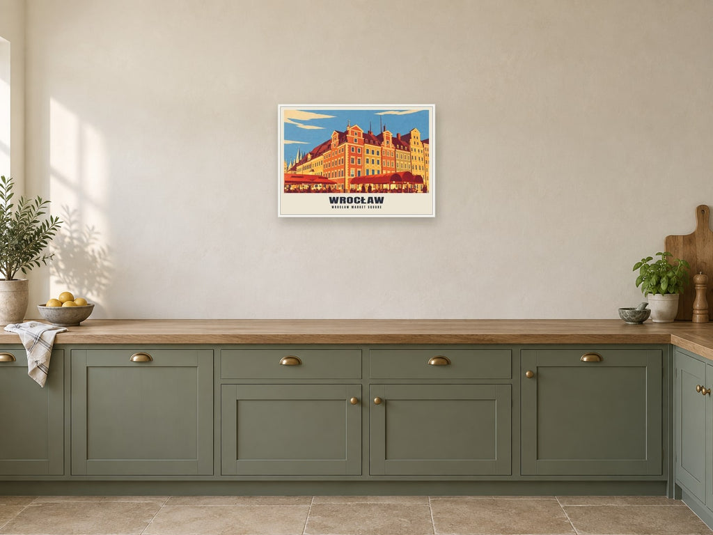 Wrocław Market Square Retro Railway Poster at A2, in a white frame, in a kitchen
