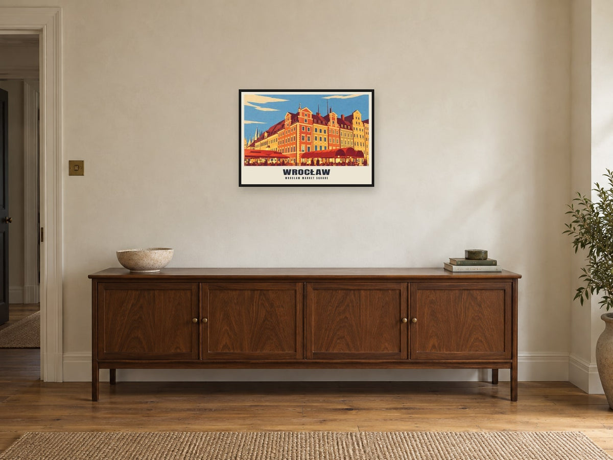 Wrocław Market Square Retro Railway Poster at A2, in a black frame, above a sideboard