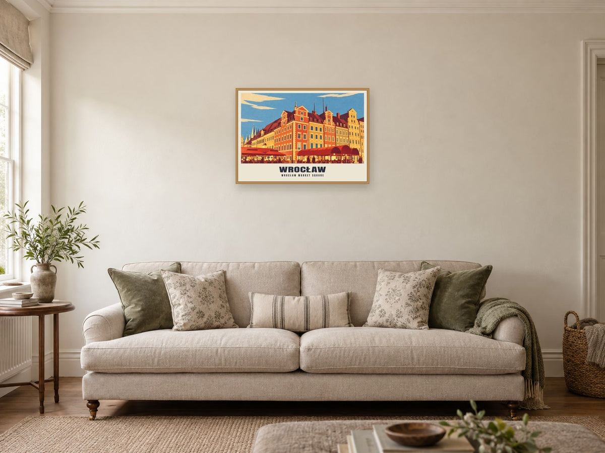 Wrocław Market Square Retro Railway Poster at A2, in a natural wood frame, in a sitting room