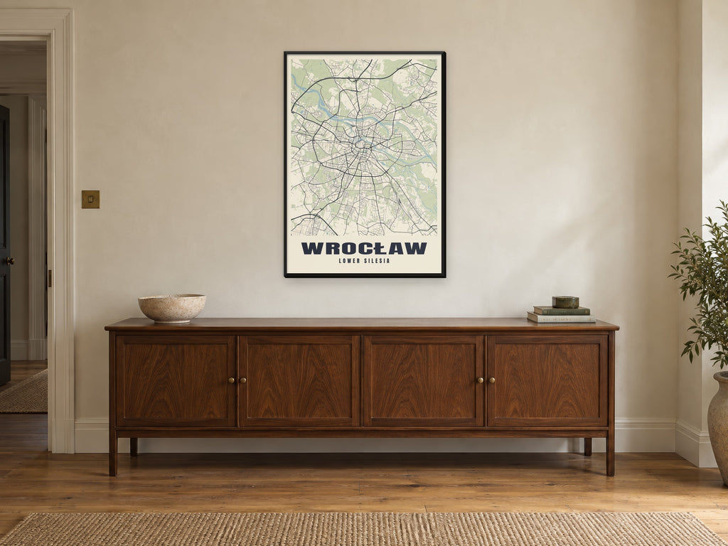 Wrocław Street Map Poster at A1, in a black frame, above a sideboard