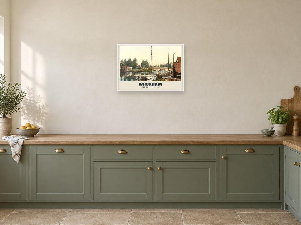 The Bridge, Wroxham, 1890s Heritage Print at A2, in a white frame, in a kitchen