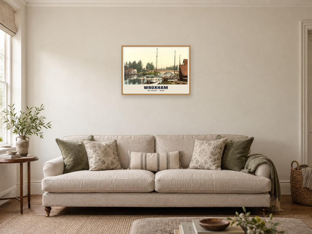 The Bridge, Wroxham, 1890s Heritage Print at A2, in a natural wood frame, in a sitting room