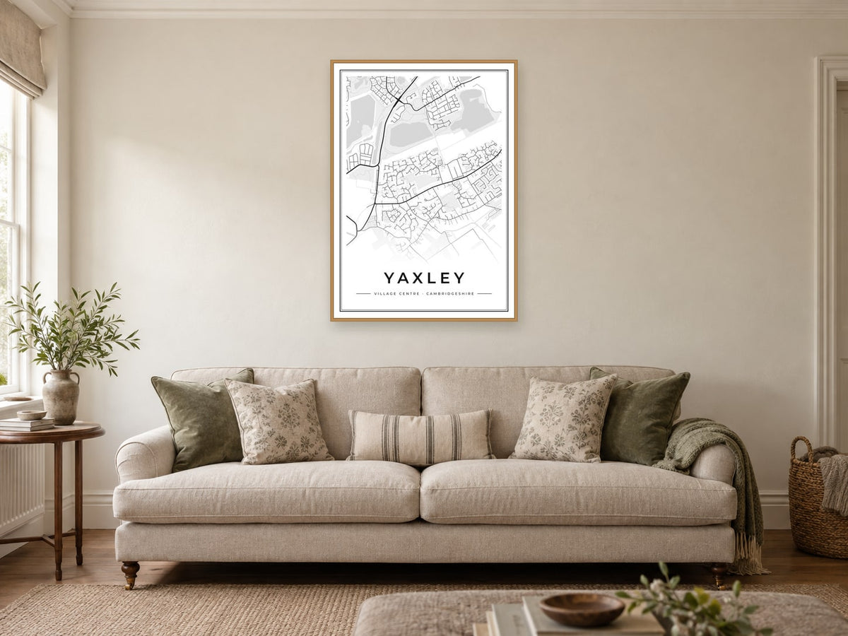 Yaxley Village Centre Street Map Poster at A1, in a natural wood frame, in a sitting room