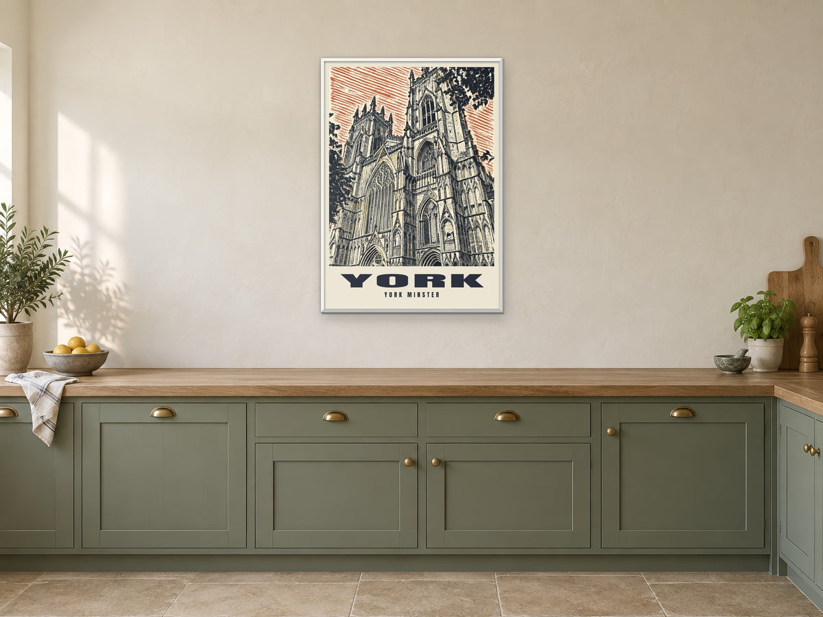 York Minster Poster at A1, in a white frame, in a kitchen