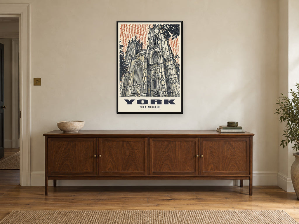 York Minster Poster at A1, in a black frame, above a sideboard
