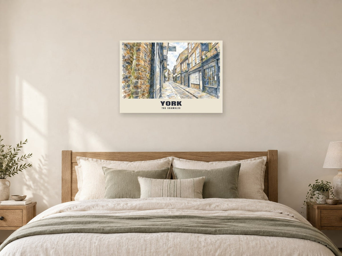 The Shambles, York Poster at A1, as a poster, above a bed