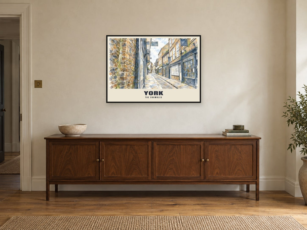 The Shambles, York Poster at A1, in a black frame, above a sideboard