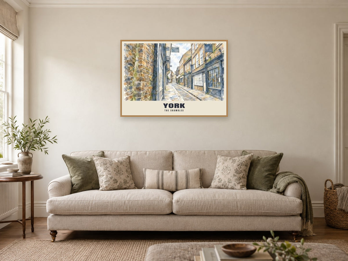 The Shambles, York Poster at A1, in a natural wood frame, in a sitting room